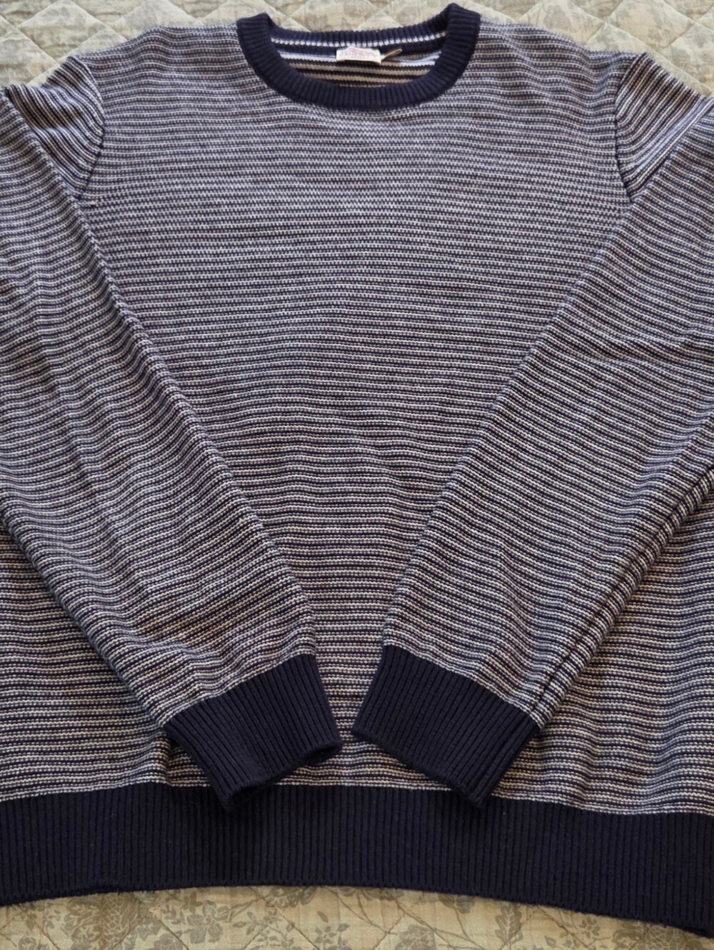 Faherty Men's MED Navy/ Gray Striped Crewneck Sweater Organic Cotton & Cashmere